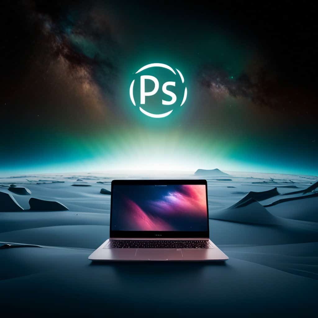 Photoshop and laptop illustration in space.